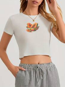 Womens Y2k Short Sleeve Graphic Baby Tees Fruit Patterns Print T Shirt Crop Top E Girls Cute Aesthetic Clothes Summer