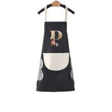 1pc Household Apron Waterproof Oilproof Can Wipe Hands Kitchen Work Clothes Fashion Initial Letter Print Men And Women Home Cooking Cleaning Apron Unisex Sleeveless Apron - Black - View 24
