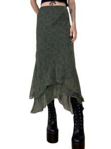 Female Midi Skirt, Adults Floral Print High Waist Ruffled Skirt Summer Dress for Women, Army Green, S/M/L - Color de la imagen - Ver 1
