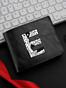 1 件时尚字母印花黑色钱包男士双折钱包休闲商务短钱包可折叠多卡槽送给他的完美礼物男士钱包钱包小钱包男士钱包真皮 - 黑色 - 查看 20