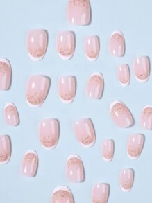 24 piezas Pegatinas de uñas francesas cortas ovaladas con lentejuelas brillantes, blancas, diseño corto, ajuste perfecto, set de uñas postizas acrílicas que incluye: 1 pieza de esmalte de gel y 1 pieza de lima de uñas, manicura francesa adecuada para mujeres y niñas para uso diario y de fiesta, suministros de arte de uñas