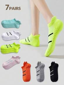 7 pares de meias esportivas femininas, meias curtas com padrão listrado decotado, meias de corrida com amortecimento respirável e absorvente de choque, para academia