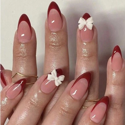 24 件短杏仁形粉色假指甲，带白色蝴蝶结 3D 装饰，优雅红色法式尖头，包含 1 个指甲锉和 1 个双面胶，适合女孩/女士派对、节日、礼物或办公室佩戴按压指甲美甲用品指甲
