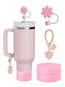 Set de 3 piezas: 1 pieza Tapa de pajita de silicona hexagonal, 1 pieza Marcador de taza con forma de letra/corazón/mariposa, y 1 pieza Funda de taza con purpurina, adecuado para tazas de 30-40 onzas, diámetro de pajita de 9-10 mm, tazas de vidrio con asa, decoración de mariposa rosa linda, regalo para el Día de la Madre