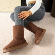 Neue Mode Frauen Schneestiefel mit rundem Zehenbereich, Veloursleder, Flauschig, leichte rutschfeste Schneestiefel bis zur Mitte des Schienbeins