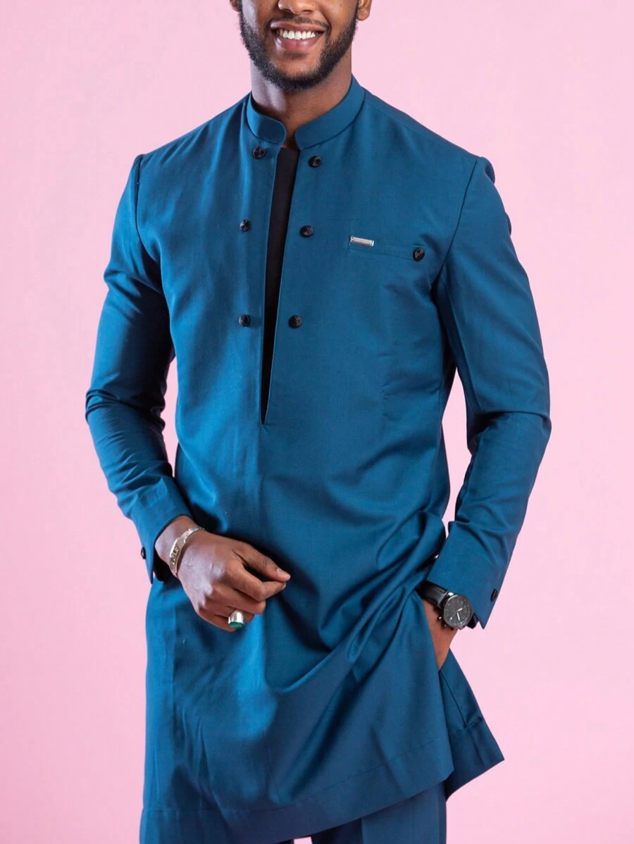 2 Peças Conjunto Dashiki Azul Masculino: Decoração Dupla-Fileira, Recorte em V, Camisa de Manga Longa, Calça de Cintura Elástica, Traje Casual de Estilo Africano, Adequado para Casamento, Festa, Encontro, Uso Diário, Eventos Culturais, Todas as Estações