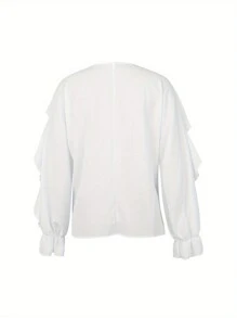 Women Button-Down Ruffle Shirt, Adults Solid Color/Letter/Butterfly/Plant Print V-Neck Long Sleeve Blouse - 白色 - 查看 6