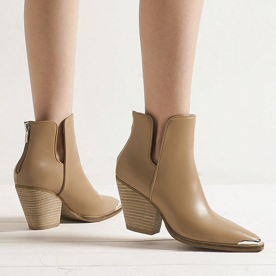 Modern Western Ankle Boots With Metal Toe Back Zipper - Màu nâu nhạt - Xem 1