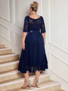 Plus Boat Neck Floral Lace Contrast Chiffon Ruffle Hem Cocktail Party Swing Dress - Navy Blue - View 2