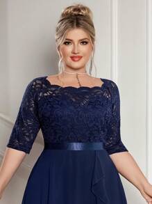 Plus Boat Neck Floral Lace Contrast Chiffon Ruffle Hem Cocktail Party Swing Dress - Navy Blue - View 7