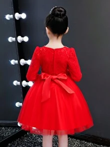 Girls' Red Flocked Princess Christmas Dress, Autumn/Winter