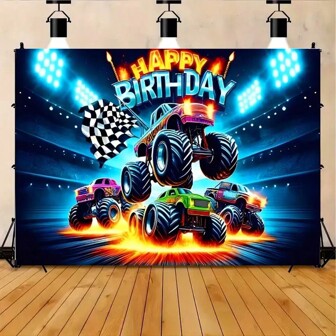 [High Rating]1pc Funny Monster Truck Birthday Banner - 70.9 Inch X 90.5 Inch, Made Of Polyester, No Electricity Required, Suitable For Birthday Party Decoration And Trailing Gathering Wall Hanging, Indoor And Outdoor Decoration, Celebration Photo Booth Backdrop, Tablecloth, Curtain