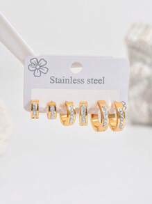 6pcs Elegant Zirconia Hoop Earrings Set, Stainless Steel