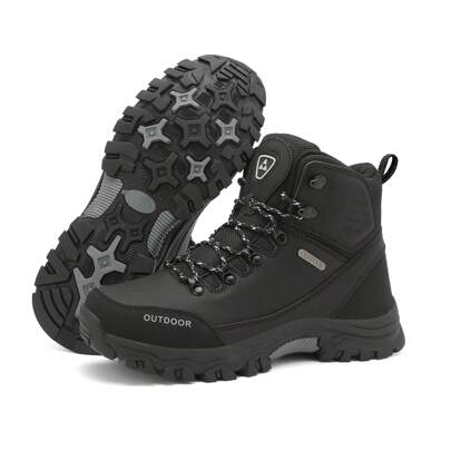 男士高帮系带黑色靴子，耐穿舒适，适合户外徒步、狩猎、散步，耐磨，也适合日常工作和休闲活动。