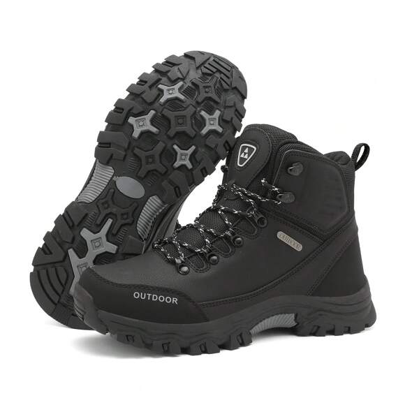 Men High-Top Lace-Up Black Boots, Waterproof, Outdoor Hiking Durable Anti-Slip Comfortable Hunting Trekking Daily Work Sports Casual Shoes