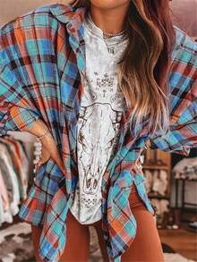 Chemise à carreaux en flanelle pour femme grande taille, chemise décontractée à manches longues et boutonnée à carreaux de buffalo - Orange - Voir 3