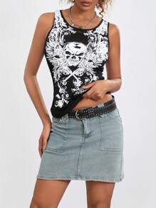 Women Skull Print Tank Tops Hollow Out Back Sleeveless Slim Fit Yoga Running Vest - Black - View 6