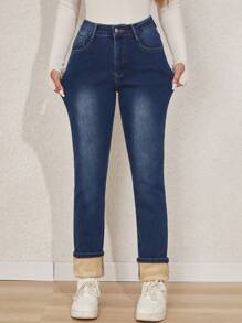 Women's Warm Thermal Lined Skinny Denim Jeggings For Winter - Blue - View 11