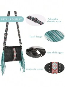 Este bolso cruzado de gran capacidad con flecos de PU de moda combina el estilo bohemio vintage occidental con flecos, remaches y artesanía tejida. Se puede llevar al hombro o como un bolso cruzado, con una correa para el hombro desmontable y ajustable para mayor comodidad y practicidad. Es una opción ideal para ir de compras, actividades al aire libre, viajes y picnics. También es un regalo perfecto para amigos y familiares. - Negro - Ver 5