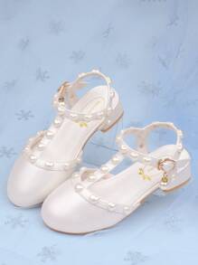 Girls' White Pearl Studded Sandals High Heels Princess Dress Shoes