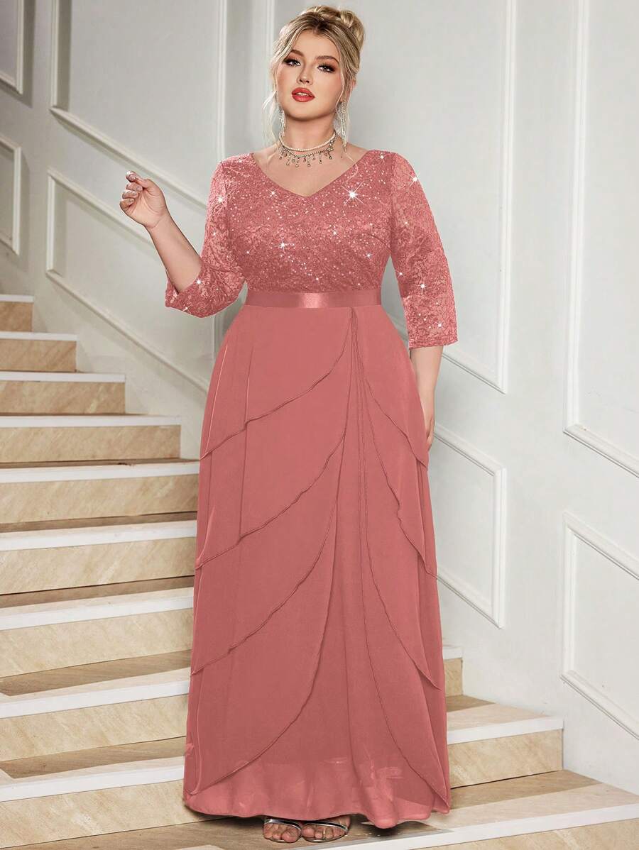 Đầm chiffon cổ chữ V đính sequin, ren hoa, xếp ly, thanh lịch, thích hợp cho tiệc trang trọng, đám cưới, sinh nhật, lễ tốt nghiệp, lễ hội và các dịp khác.