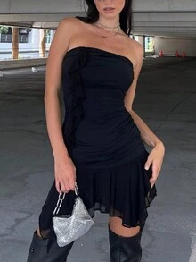 女士荷叶边拼布抹胸迷你连衣裙紧身性感派对装 - 黑色 - 查看 4