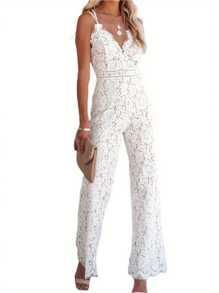 Women Elegant Jumpsuit, Spaghetti Straps V Neck Solid Color Lace Open Back One Piece Wide-Leg Jumpsuits Long Playsuit