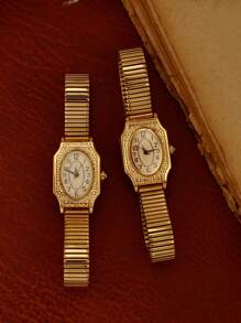 1pc New Stylish Gold Color Classic Retro French Style Elegant Petite Quartz Women's Waterproof Stainless Steel Band Rectangular Engraved Dial Watch, Fashionable Artistic Minimalist Niche Design Charming For Daily Wear And Birthday Gift - 金色 - 查看 2