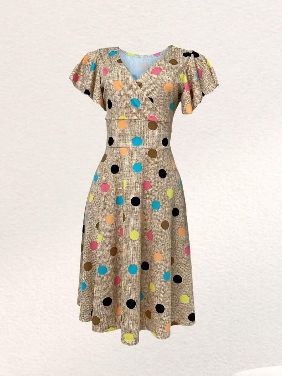 Printed Dress With Wrap Neckline - Beige - View 1