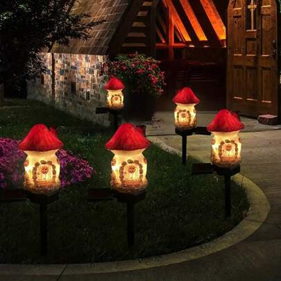 1pc Outdoor Sun Resin Mushroom Lawn Lamp Mushroom House Shape Garden Lamp Waterproof Small House LED Floor Plug Lamp Suitable For Garden Lawn Decoration Light