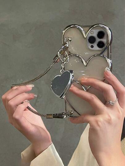 حافظة هاتف سوار فاخرة على شكل قلب فضي محمول، متوافقة مع أجهزة 17 Pro Max 17 Air 16 13 12 14 15 16 Pro Max 11، غطاء واقي ذو تصميم قلب مطلي بالكهرباء هدية عيد ميلاد