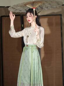 春季中国风优雅清新绿金色复古花卉中式裙子适合农历新年、日常、街头、通勤、家居等场合穿的汉服下装 - 綠色 - 查看 3