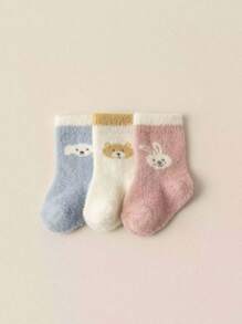 3 Pairs Baby Girls Cute Cartoon Rabbit Bear Dog Plush Floor Socks, Soft Comfortable Warm Breathable Socks, Autumn/Winter