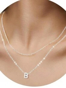 Stainless Steel Double Choker Necklace With English Letters Pendant 18k Gold Plated - 銀色 - 查看 4