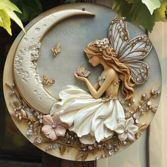 1 件圆形墙壁艺术标志，复古仙女和月亮金属牌匾，适用于家庭、客厅、办公室装饰、派对装饰，送给朋友的完美礼物，8x8 英寸，无需电池，适合情人节、一般庆祝活动家居装饰、房间装饰、墙壁装饰