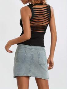 Women Skull Print Tank Tops Hollow Out Back Sleeveless Slim Fit Yoga Running Vest - Black - View 4