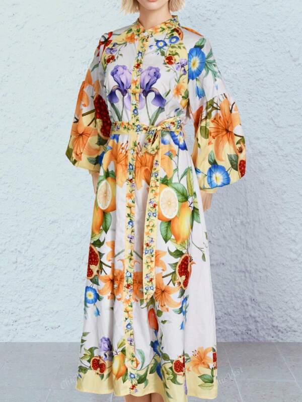 Vestido longo feminino com estampa de abotoaduras bufantes e fendas