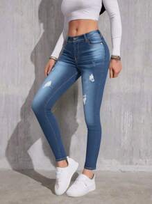 High Waisted Skinny Denim Pants With Pockets -ZANA - Navy Blue - View 2