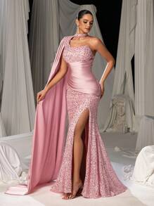 Faeriesty 优雅不对称领口垂坠侧开叉亮片正式派对礼服、长袍、晚礼服、婚礼宾客礼服