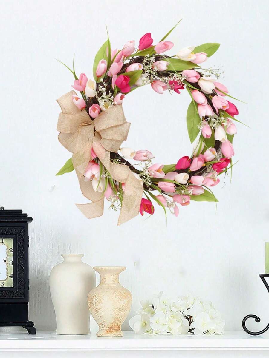 17.7in Tulip Wreath For Front Door, Artificial Pink Tulip Wreath Home Decorative Door Wreath For Porch Window Wedding Farmhouse - 粉色 - 查看 1