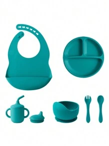 Conjunto de vajilla personalizada para bebé de 6 piezas en silicona, incluye baberos impermeables, plato portátil, cubiertos blandos, bol con ventosa, taza con tapa a prueba de fugas. Multiusos, ornamental, con letras, elegante, moderno, colorido, kawaii, adorable, lindo, casual, personalizado, único, personalizado, niño, niña