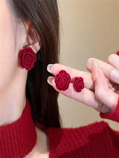 2 件情人节惊艳植绒玫瑰设计耳环 - 复古优雅风格，精致红色，防过敏，不含镍，适合女性、新年、圣诞节、派对、日常佩戴、耳环、礼物