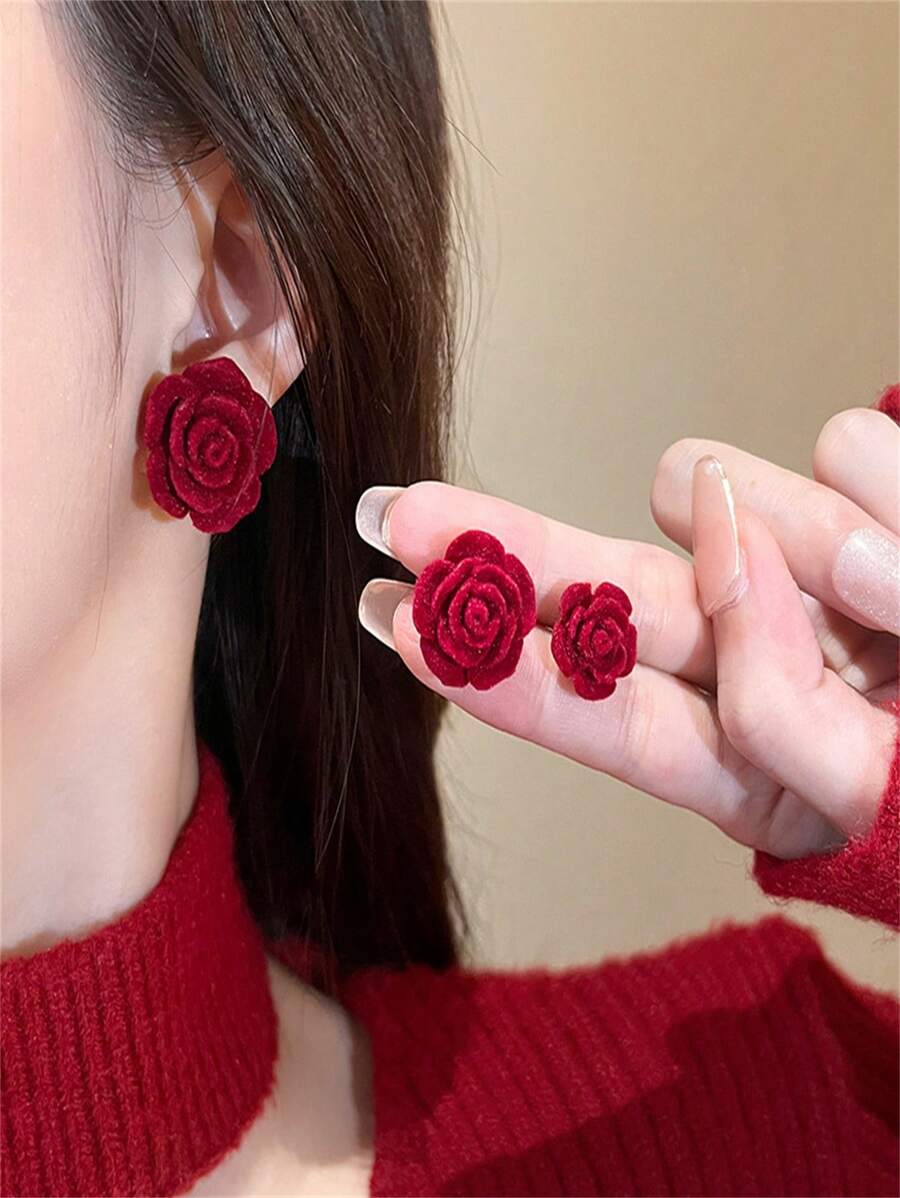 2 件情人节惊艳植绒玫瑰设计耳环 - 复古优雅风格，精致红色，防过敏，不含镍，适合女性、新年、圣诞节、派对、日常佩戴、耳环、礼物 - 紅色 - 查看 1