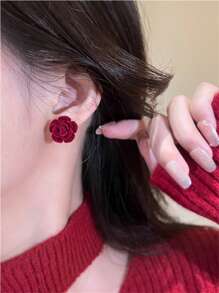 2 件情人节惊艳植绒玫瑰设计耳环 - 复古优雅风格，精致红色，防过敏，不含镍，适合女性、新年、圣诞节、派对、日常佩戴、耳环、礼物 - 紅色 - 查看 3