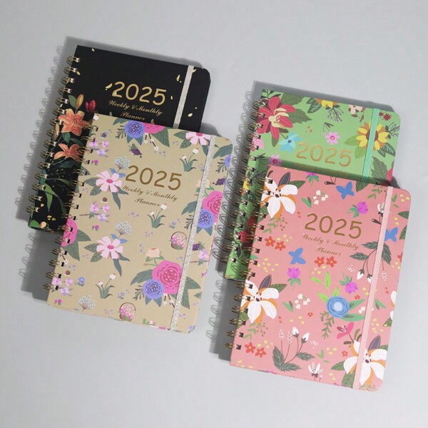 1 pièce Agenda annuel 2025, reliure spirale dorée, motif floral simple, adapté pour enregistrer la vie quotidienne, fournitures scolaires, rentrée scolaire