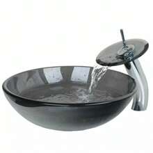 Bathroom Round Black Vessel Sink Tempered Glass Bowl Chrome Faucet Combo Up Set - Black - View 6