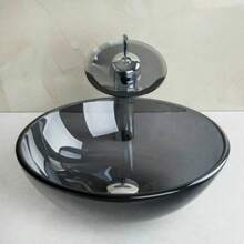 Bathroom Round Black Vessel Sink Tempered Glass Bowl Chrome Faucet Combo Up Set - Black - View 1