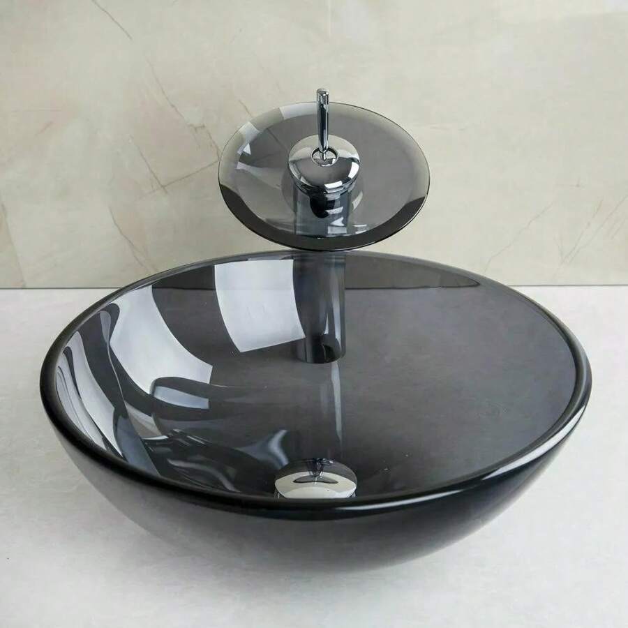 Bathroom Round Black Vessel Sink Tempered Glass Bowl Chrome Faucet Combo Up Set - Black - View 1