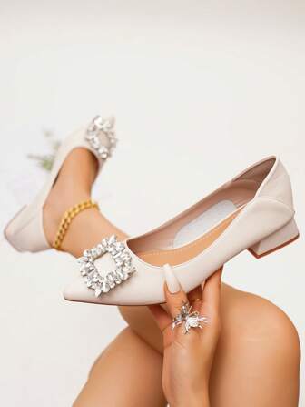 Women's High Heels, Fashion Crystal Buckle Decor, French Pointy Toe Chunky Heel Casual Slip-On Pumps, Pointed Toe Black Formal Shoes, Women's Slip-On Shoes, Comfortable Versatile Women's Work Shoes/Plus Size 41-43, Women Shoes