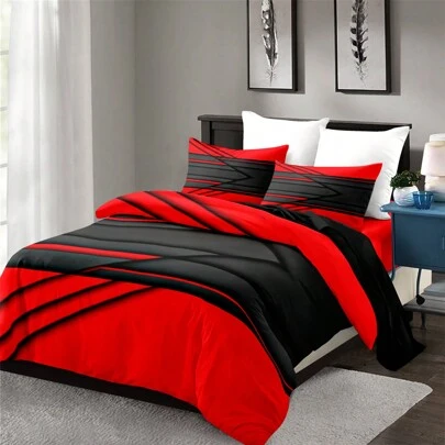 3 件套红色和黑色几何图案羽绒被套（1 * 羽绒被套 + 2 * 枕套，不含芯），时尚图案床上用品房间装饰，柔软舒适的床上用品套装